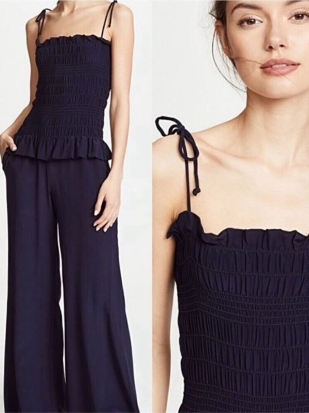Tory Burch Cone Sizeta Silk Smocked Flowy WideLeg Jumpsuit Navy(XL) Quiet Luxury